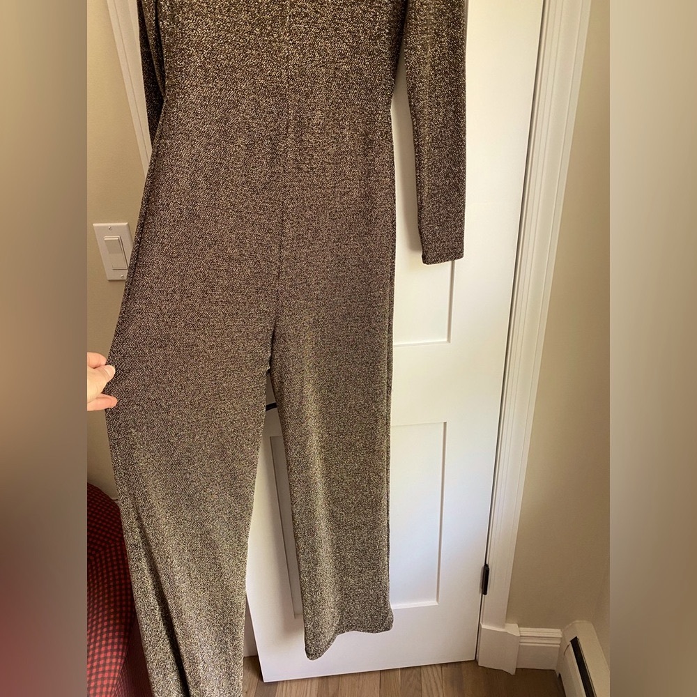 Carbon38 Gold Knit Long-Sleeve Wide Leg Jumpsuit Disco Party Evening Size M